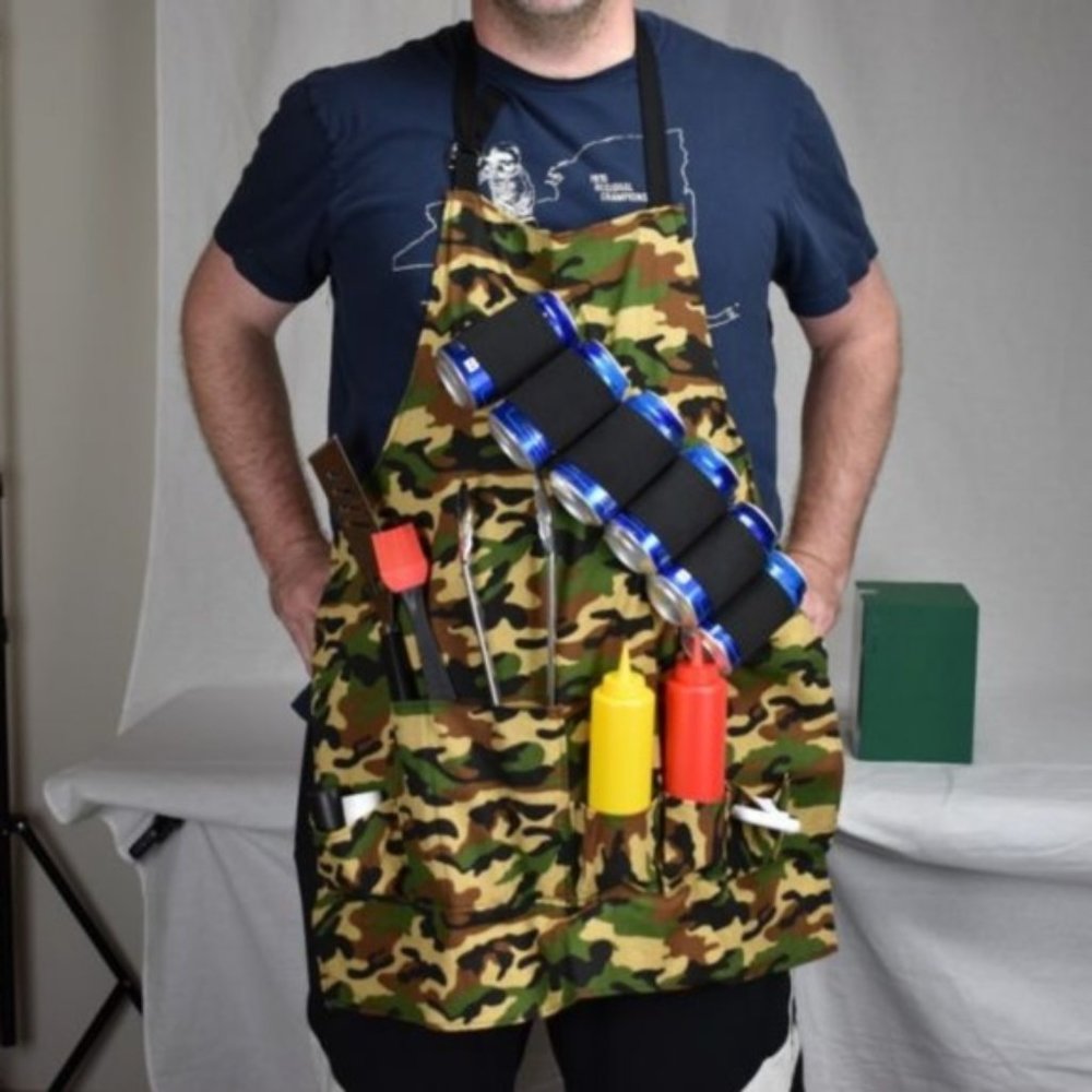 Camouflage Kitchen BBQ Apron With Beer Bandoleer
